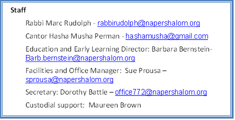 Staff
Rabbi Marc Rudolph - rabbirudolph@napershalom.org
Cantor Hasha Musha Perman - hashamusha@gmail.com
Education and Early Learning Director: Barbara Bernstein- 
Barb.bernstein@napershalom.org
Facilities and Office Manager:  Sue Prousa  sprousa@napershalom.org
Secretary: Dorothy Battle  office772@napershalom.org
Custodial support:  Maureen Brown
